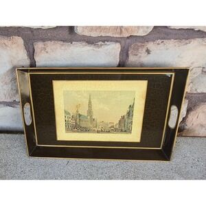 Vintage Metal Serving Tray Brussels Cityscape Black Gold Crackle Wall Decor
